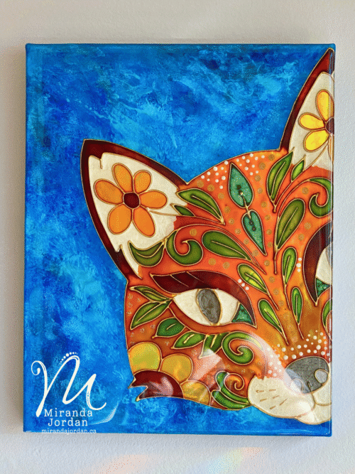 A vibrant fox rendered in bold oranges and warm tones set against a rich blue background.